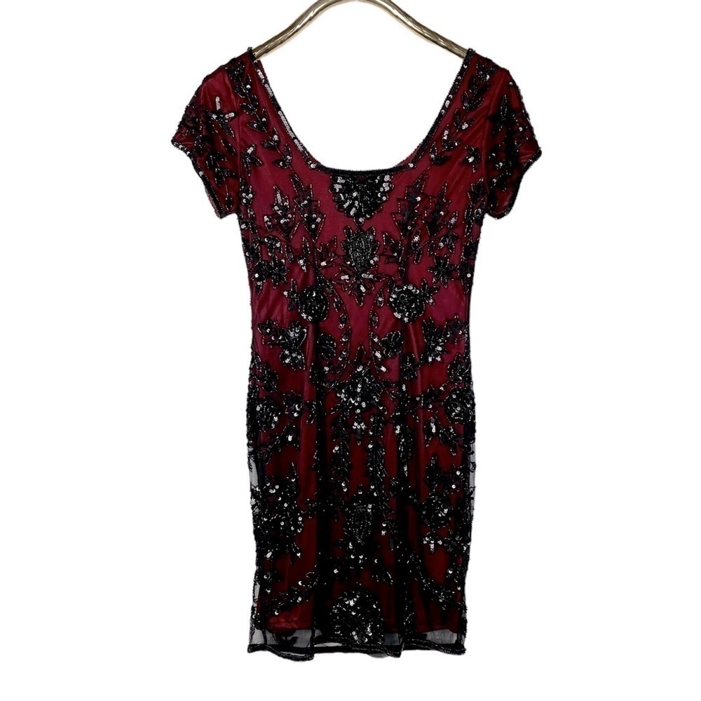 Pisarro Nights Burgundy Mini Dress with Black Sequin Appliqué - Picture 5 of 15